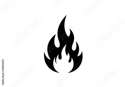 A black flame with pointed tips rising upwards against a white background