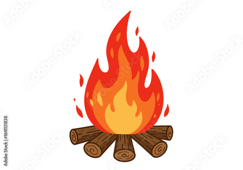 A campfire burning with bright flames above logs arranged at the base