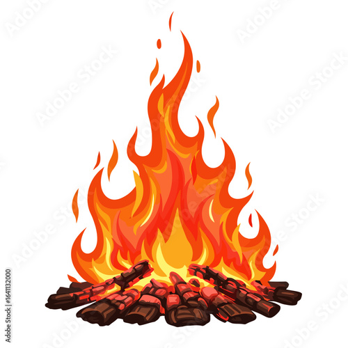 A vivid campfire burns with bright orange and red flames over a pile of dark brown logs