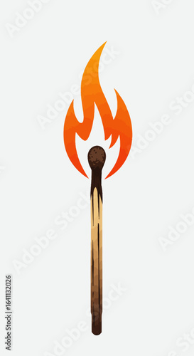 A lit matchstick with an orange flame on a white background