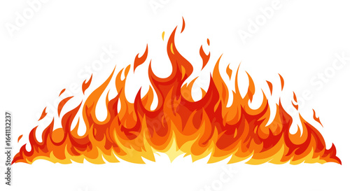 Vivid red and yellow flames burst upward in a stylized pattern against a clean white background