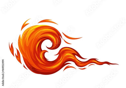 Orange and yellow stylized flame curling from left to right against a white background