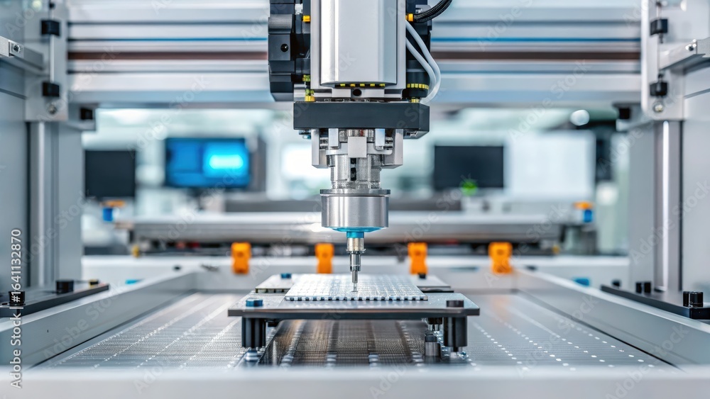 Nanotechnology electronics factory, A close-up view of advanced machinery in a manufacturing setting, showcasing precision tools and technology used for automated production. Nanotechnology electronics factory, A close-up view of advanced machinery in a manufacturing setting, showcasing precision tools and technology used for automated production.
