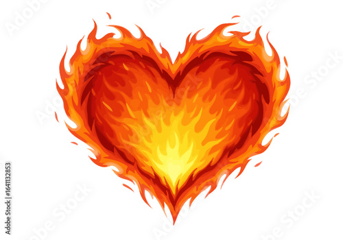 A heart shape is constructed of animated flames with gradients of yellow to orange