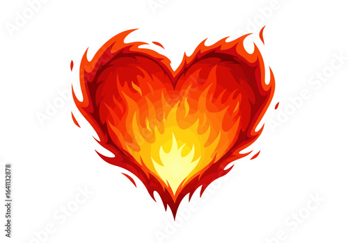Fiery heart ablaze in shades of red orange and yellow radiating warmth against a white backdrop
