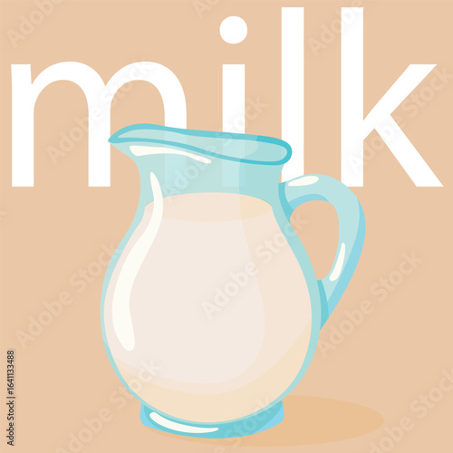 Glass jug with milk. Vector drawing of a decanter with milk. Milk is written in white on a cream background. Three-dimensional drawing of glassware with filling.