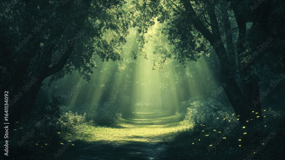 Fototapeta premium Sunbeams illuminate a mystical forest path.