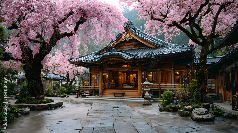 Obraz premium Eastern Temple Amidst Springtime Blossoms