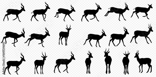 A sprite sheet of blackbuck antelope silhouettes showing various phases of movement, including walking, running, jumping, and standing poses.