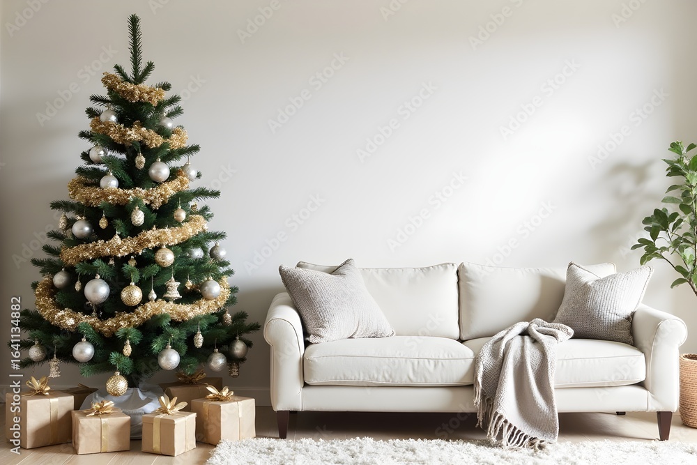 Naklejka premium Modern living room with a Christmas tree decorated in silver and gold, white sofa with cushions and a blanket, gifts under the tree. Luxury Christmas room. 3d rendering.