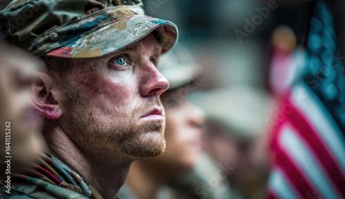 A close-up shot captures a person in military attire, possibly a soldier, with a focused expression, highlighting the dedication and resolve often associated with service.
