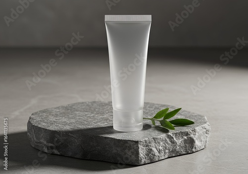 a asthetic empty cusmatic tube  for mock up on a nice stone with some perfect leaf