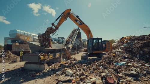Excavator loader loading waste onto an outdoor construction waste sorting line at an industrial recycling facility on a sunny day
