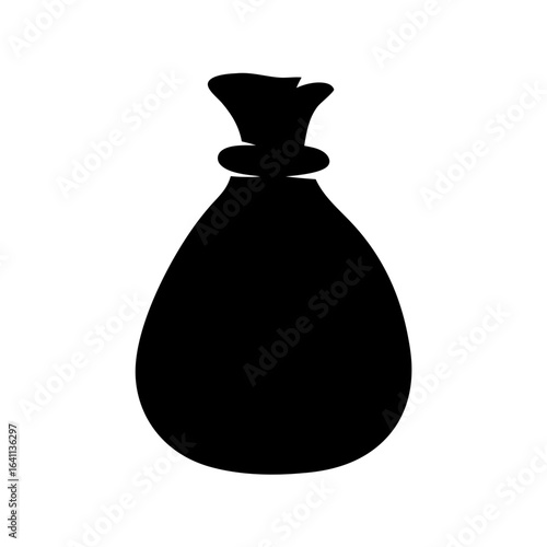 Isolated cartoon style black bag with a tied top containing treasures