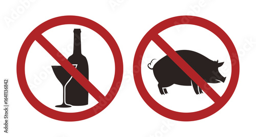 Bundle set isolated halal sign, no pork and no alcohol, healthy food and beverage label
