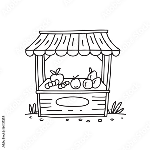 Street market stall filled with assorted fruits in doodle sketch