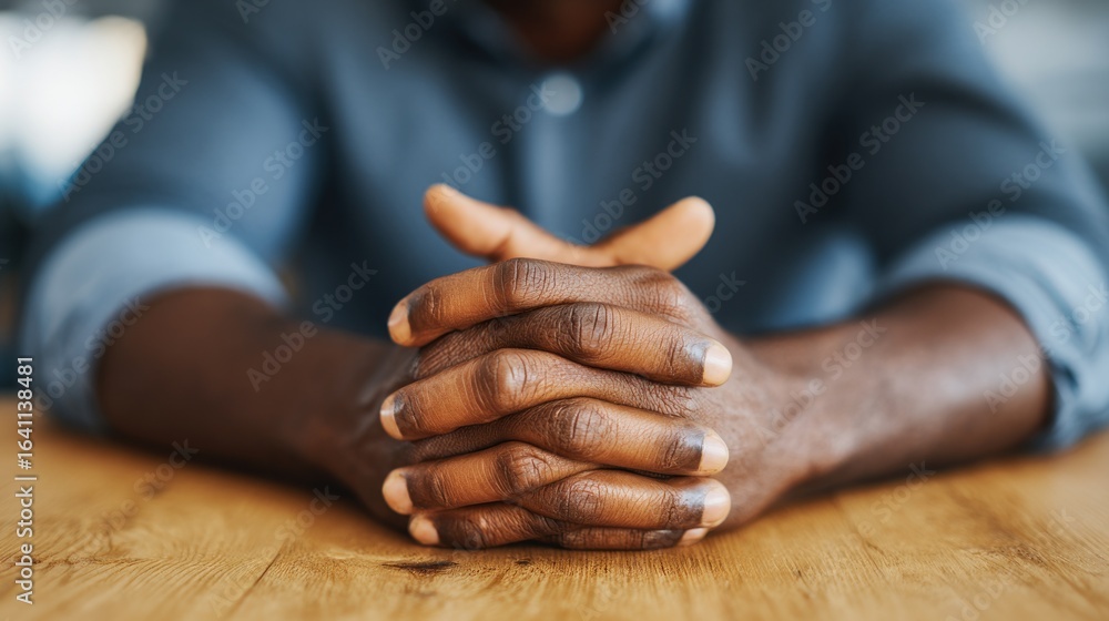 Fototapeta premium Hands clasped on a wooden table