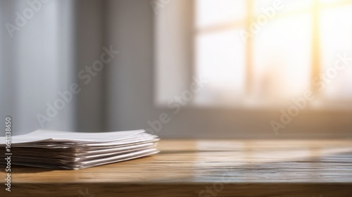 A stack of folded white paper sheets placed on a wooden surface with blurred windows allowing natural light into the roo