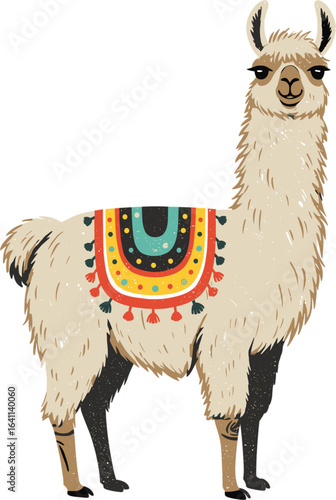 Textured Graphic Illustration of a Llama Featuring Vibrant Patterns and a Unique Linocut Style, Showcasing Its Playful and Charming Character Against a Minimal Background