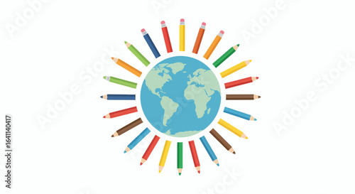 Illustrative globe encircled by vibrant pencils, representing global education and creative learning worldwide