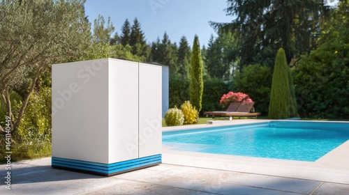 Modern white cube-shaped hot tub with blue stripes near its base, clear blue swimming pool surrounded by lush greenery,
