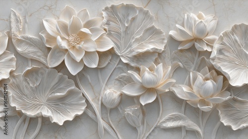 Floral relief sculpture of white lotus blossoms and broad leaves on mottled stone backdrop