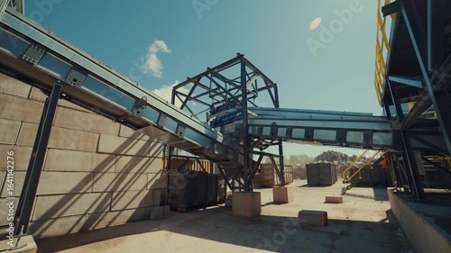 Outdoor construction waste sorting line at an industrial recycling facility on a sunny day