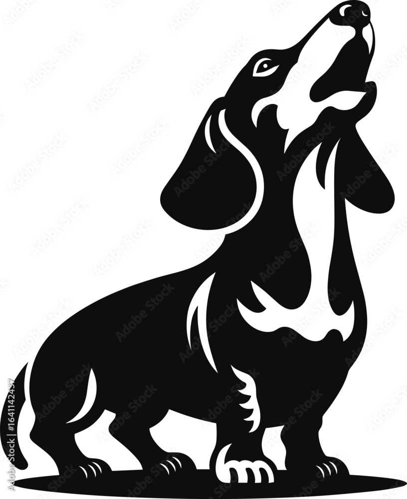 Obraz premium Black and White Dachshund Howling – Vector Dog Silhouette Illustration