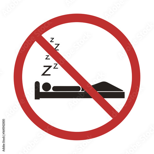 Isolated triangle prohibited to sleep sign, stay awake for work instruction, do no sleep in factory or public area, with illustration stick figure sleeping and ZZZ icon
