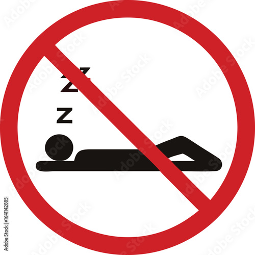 Isolated triangle prohibited to sleep sign, stay awake for work instruction, do no sleep in factory or public area, with illustration stick figure sleeping and ZZZ icon
