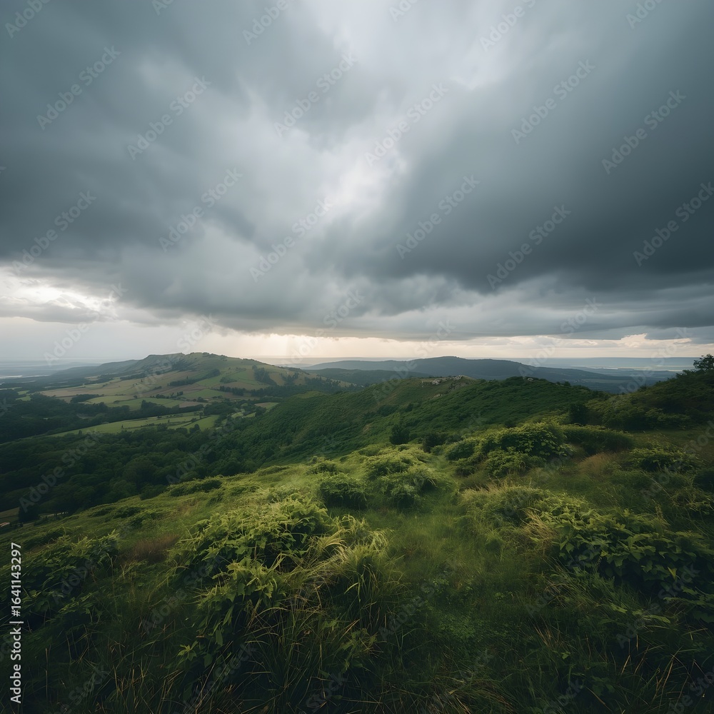 Fototapeta premium Peaceful rural hills covered in green grass with dramatic clouds overhead