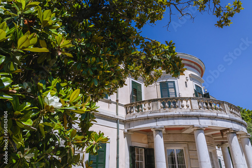 Facade of Mon Repos villa in Corfu town on Corfu Island in Greece