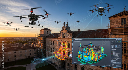 Swarm of autonomous drones performing a 3D scan of a historic building creating a digital twin model for architectural analysis and inspection.