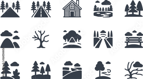 Serene Nature Icons:  Forest, Road, Cabin, Lake, Minimalist Style