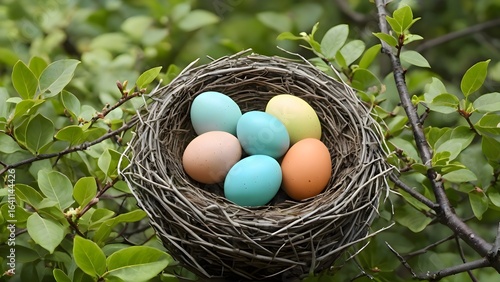 Four small colorful eggs resting in a bird's nest built among the branches of a tree, showcasing a delicate and natural wildlife scene