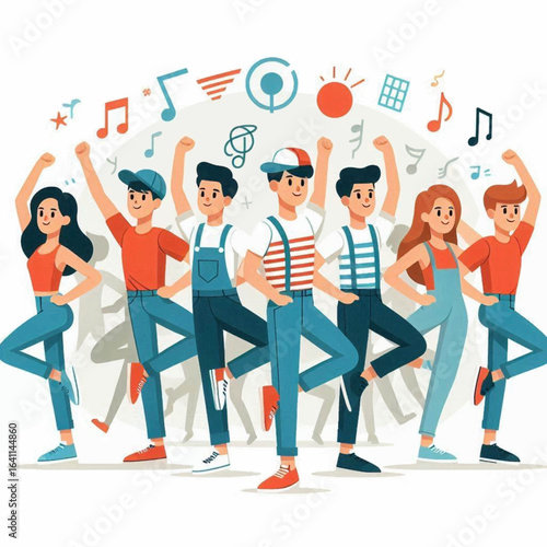 Six people in overalls and casual wear dance with raised arms amidst musical notes and graphic symbols