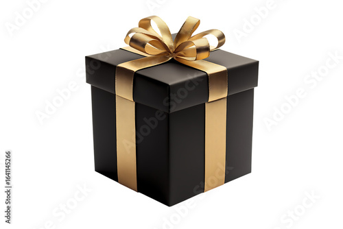 Elegant black and gold gift box isolated on transparent background. Luxury black and golden present box isolated PNG.