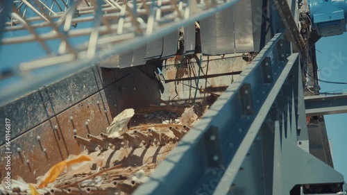 Vibrating screen sorting construction waste at an outdoor construction waste sorting facility on a sunny day