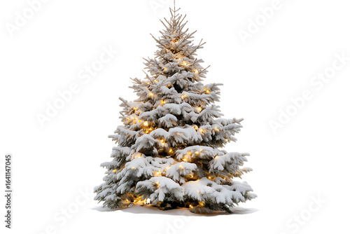 Snowy Christmas tree with lights isolated on white background. Winter holiday tree with snow and lights PNG.