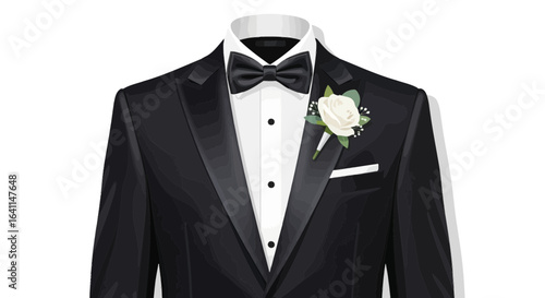 Elegant Black Tuxedo with Bowtie and White Rose Boutonniere Illustration