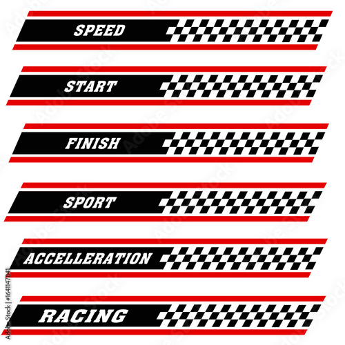 Racing cars and race car stripes set. Checkered patterns, checkered flag, start and finish line, motocross labels, dynamic lines, motorsport, racing stripe speed, sport decals, tuning stickers