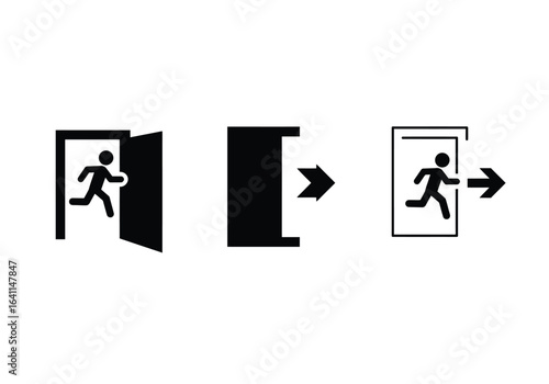 Emergency exit signs with running man icons isolated on white background, indicating escape route and safety direction in case of evacuation