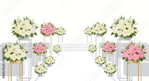 Elegant wedding aisle decorated with delicate floral arrangements of roses