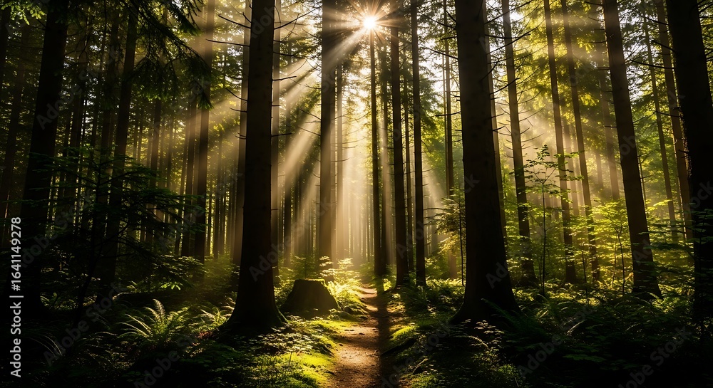Fototapeta premium Sunbeams pierce through a dense forest canopy, illuminating a forest path
