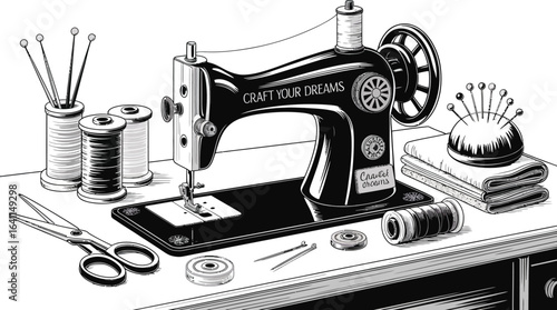 Classic sewing machine with tools, ready to craft, create, and bring your visions to life