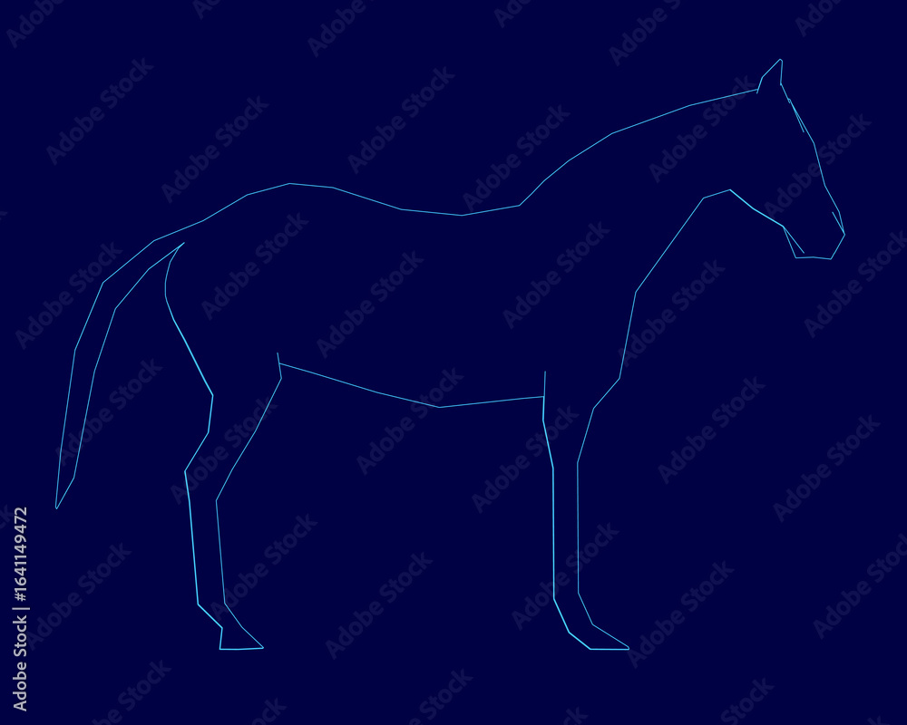 Obraz premium A majestic horse in low poly contour style stands proudly with flowing mane and tail. The white outline contrasts sharply against the deep blue background.