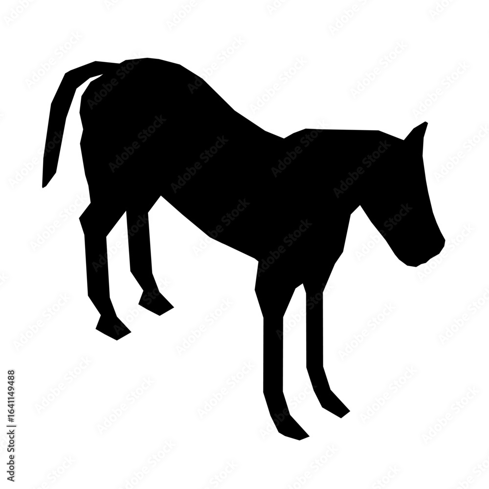 Obraz premium A black and white horse silhouette stands boldly against a clean white background, featuring a striking low poly geometric design. The minimalist composition highlights the animal's elegant form.