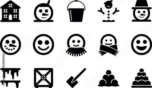 Cheerful Winter Icons:  Snowmen, House, Bucket, Shovel,  Melting Ice,  Playful Style.