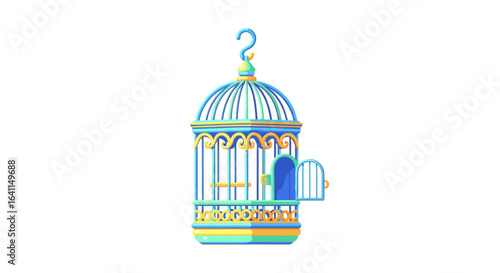 Ornamental birdcage illustration in cartoon style with colorful details