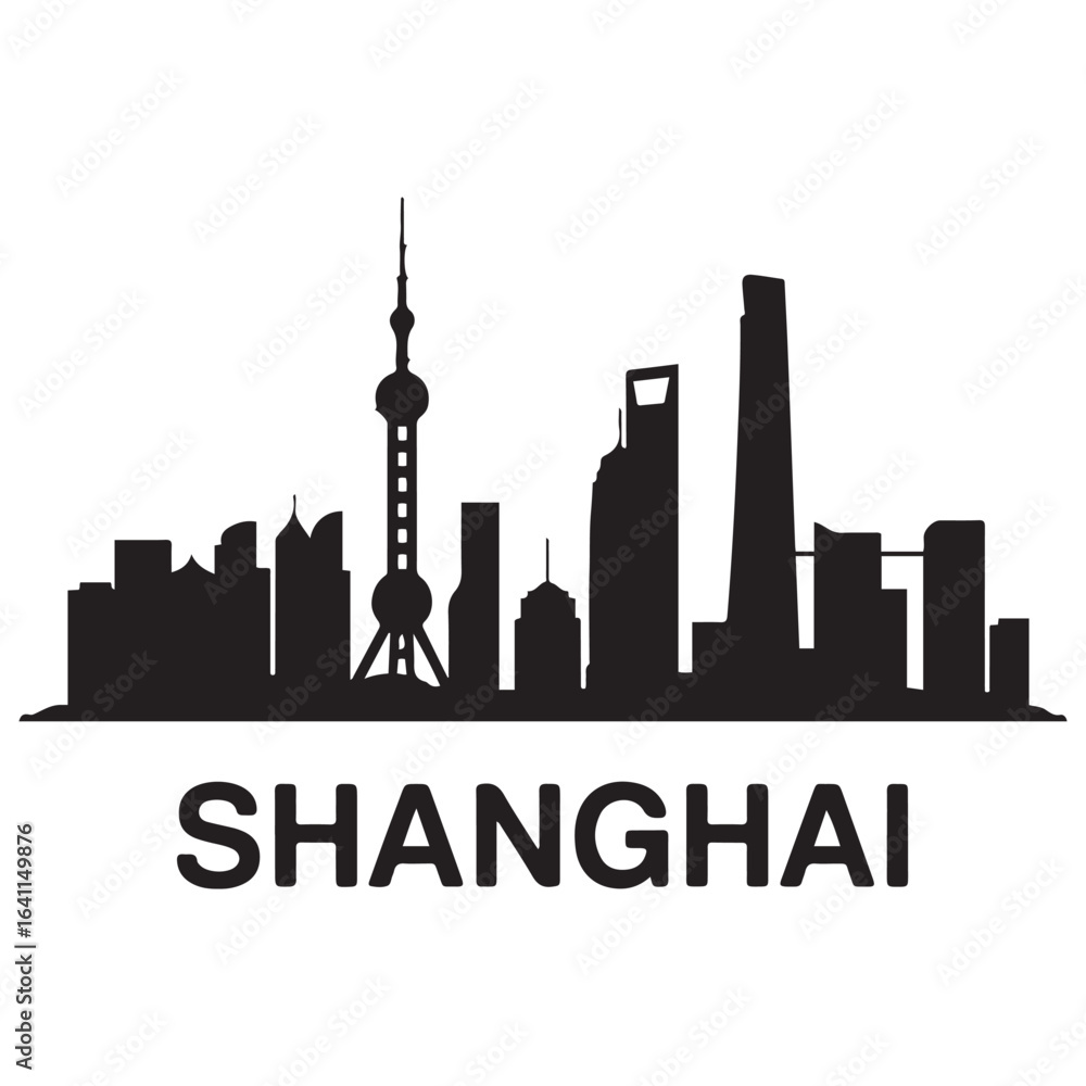 Fototapeta premium Shanghai skyline silhouette. Landscape Shanghai, China. Vector illustration. Vector black silhouette. with white background.